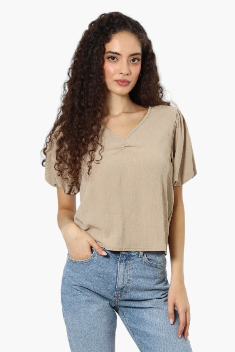 Magazine V-Neck Bell Sleeve Blouse - Beige sold by Fairweather