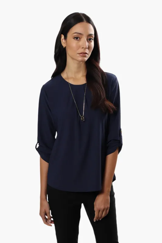 International INC Company Solid Roll Up Sleeve Blouse - Navy sold by Fairweather
