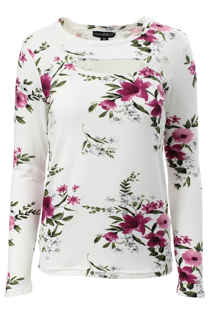 International INC Company Floral Keyhole Front Long Sleeve Top - White sold by Fairweather