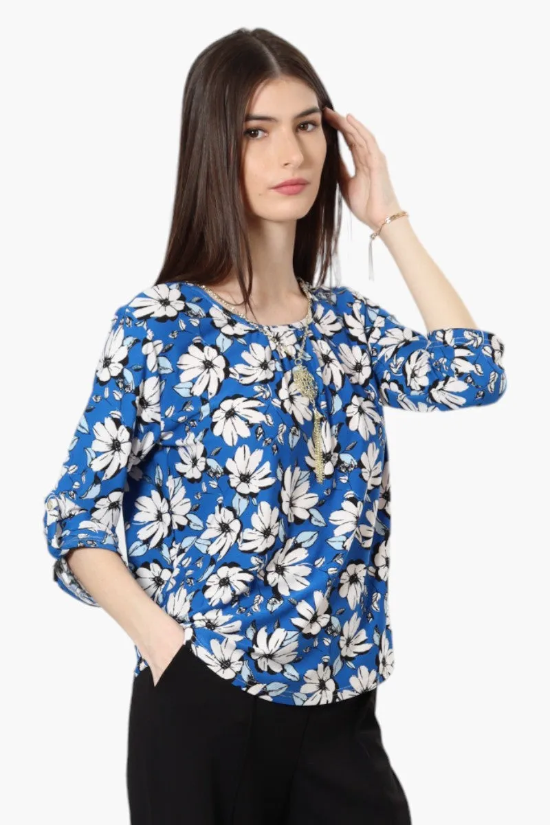 Beechers Brook Floral Roll Up Sleeve Necklace Blouse - Blue sold by Fairweather