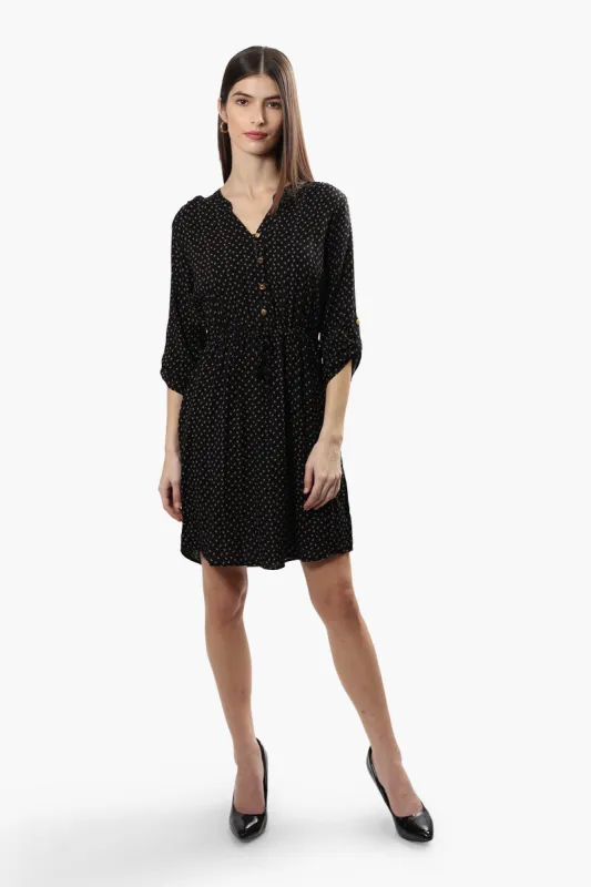 Roll Up Sleeve Printed Day Dress - Black sold by Fairweather