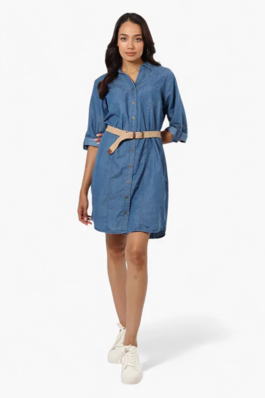 Impress Belted Denim Tencel Day Dress - Blue sold by Fairweather