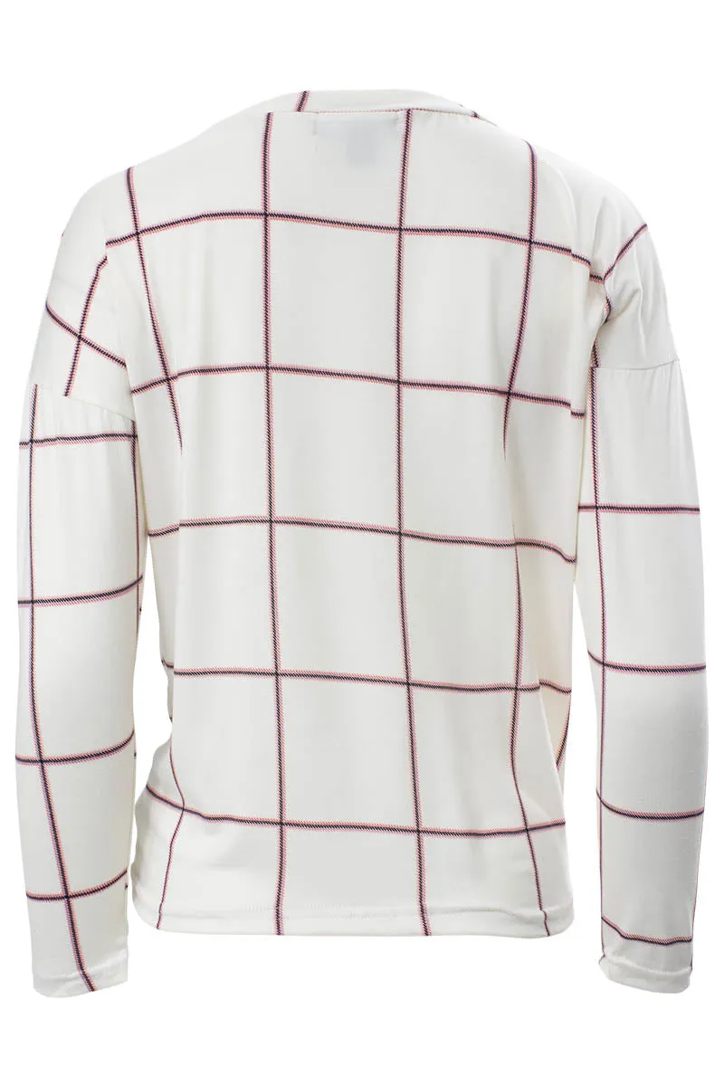 Plaid Printed Side Twist Long Sleeve Top - White sold by Fairweather product image thumbnail 3