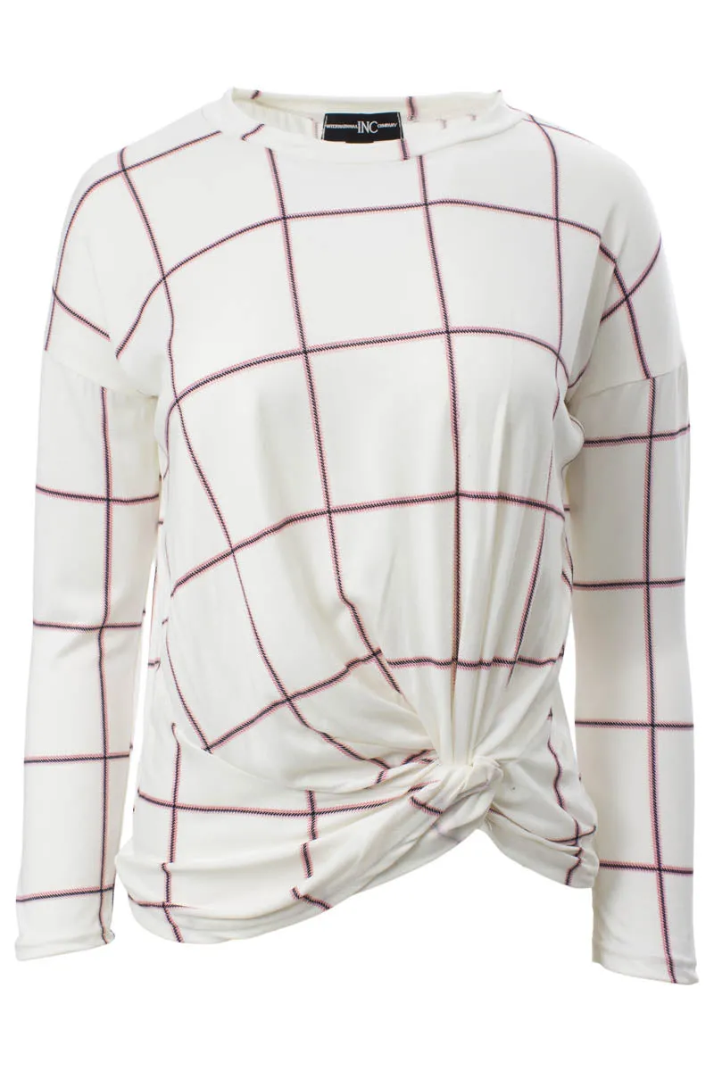 Plaid Printed Side Twist Long Sleeve Top - White sold by Fairweather