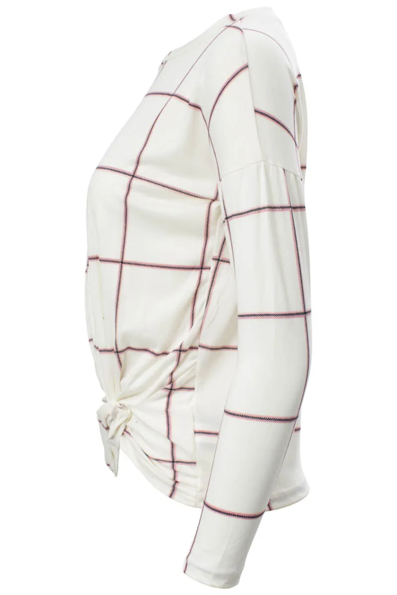 Plaid Printed Side Twist Long Sleeve Top - White sold by Fairweather product image thumbnail 2