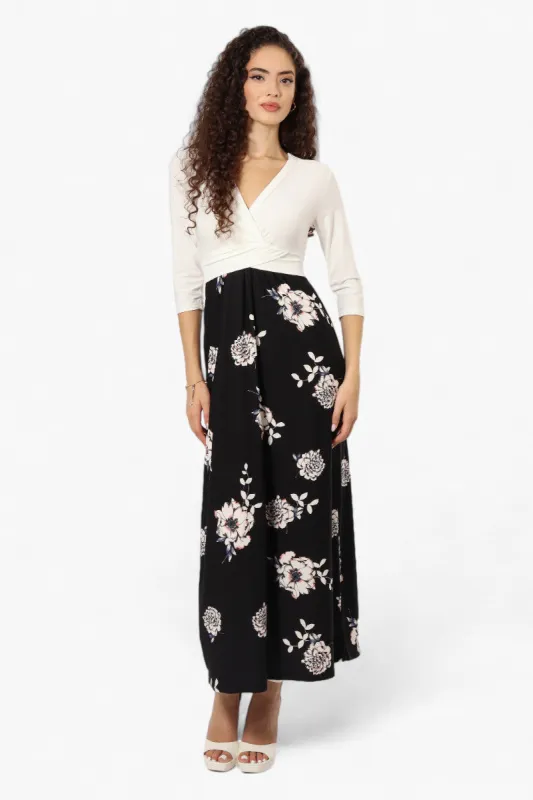 Limite Floral Crossover 3/4 Sleeve Maxi Dress - Black sold by Fairweather