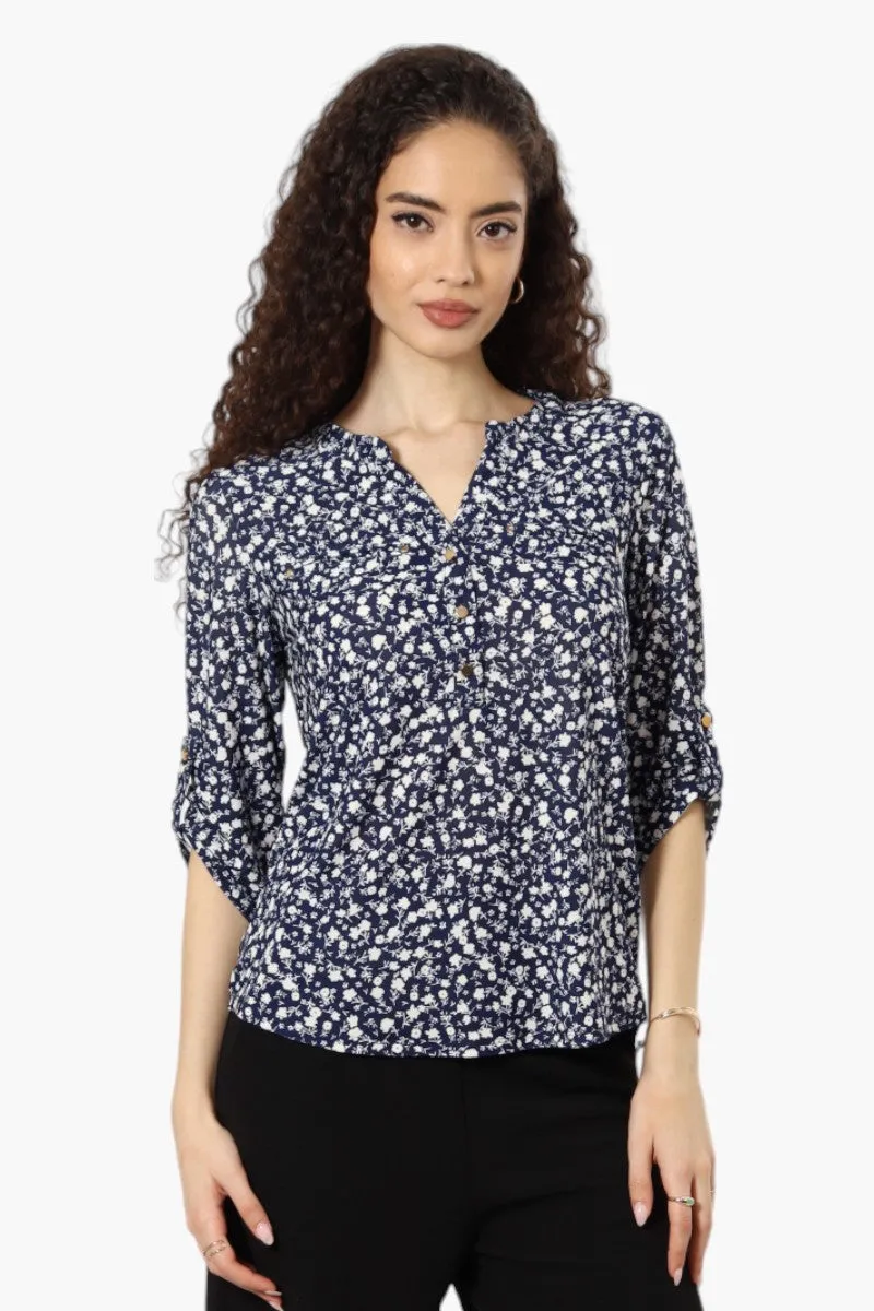Beechers Brook Floral Roll Up Sleeve Henley Shirt - Navy sold by Fairweather