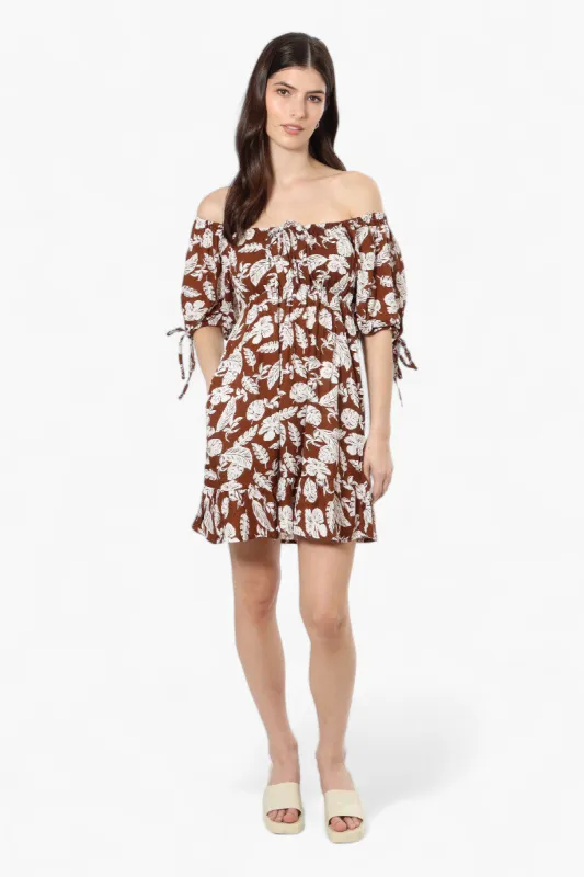 Beechers Brook Leaf Pattern Off Shoulder Tie Sleeve Day Dress - Rust sold by Fairweather
