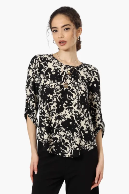 Beechers Brook Floral Roll Up Sleeve Necklace Blouse - Black sold by Fairweather