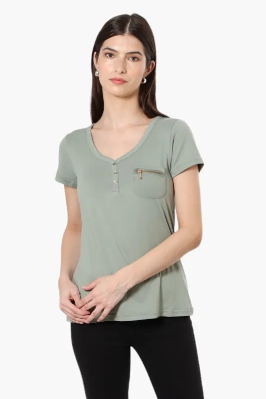 Magazine Henley Zip Pocket Tee - Olive sold by Fairweather