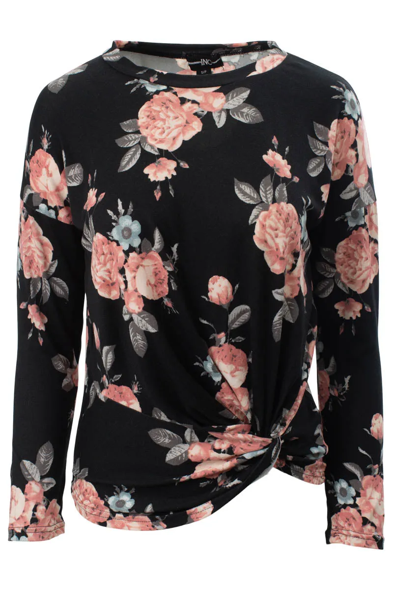 Floral Pattern Side Twist Long Sleeve Top - Black sold by Fairweather