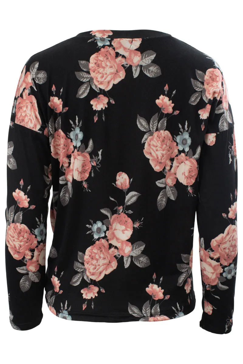 Floral Pattern Side Twist Long Sleeve Top - Black sold by Fairweather product image thumbnail 3