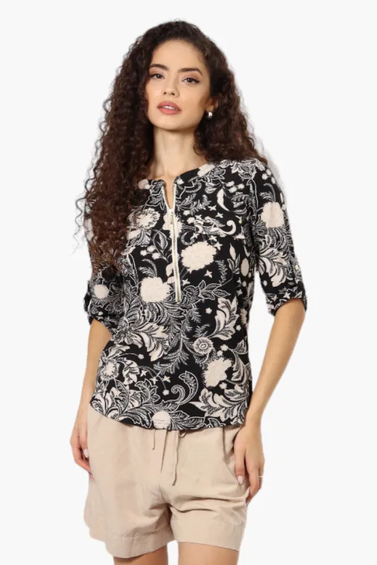 Beechers Brook Floral Half Zip Roll Up Sleeve Shirt - Black sold by Fairweather