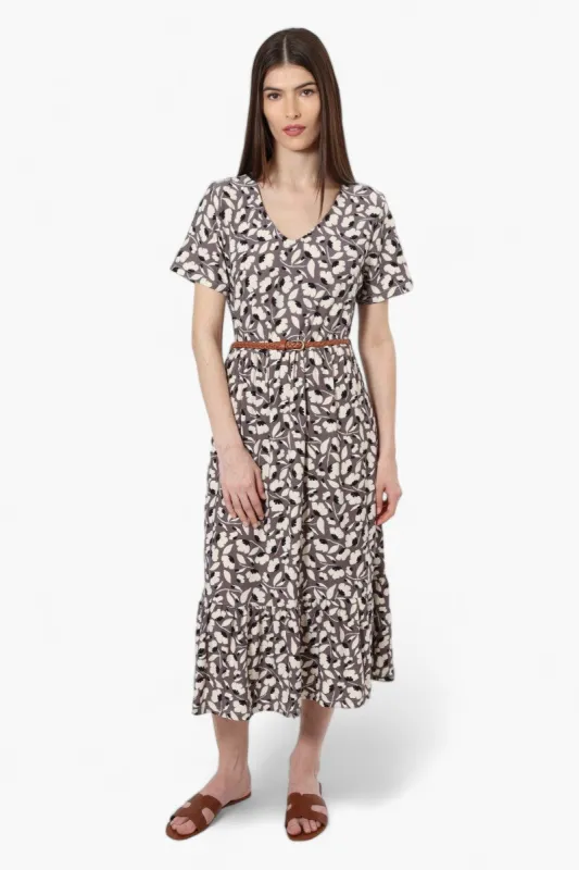International INC Company Belted Floral Maxi Dress - Grey sold by Fairweather