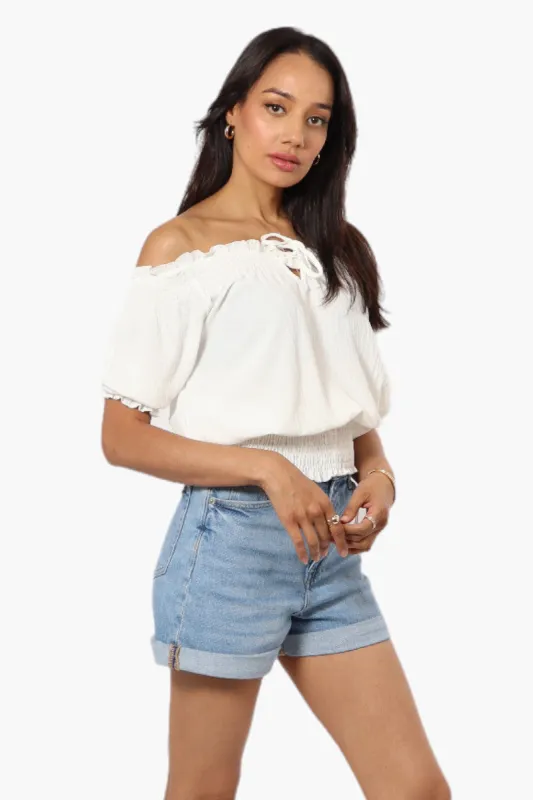 Urbanology Off Shoulder Tie Front Smock Blouse - White sold by Fairweather