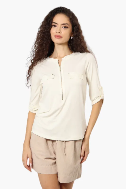 Beechers Brook Solid Half Zip Roll Up Sleeve Shirt - Cream sold by Fairweather