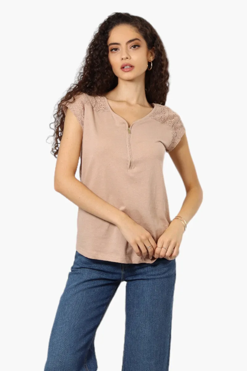Majora Half Zip Lace Shoulder Tee - Beige sold by Fairweather