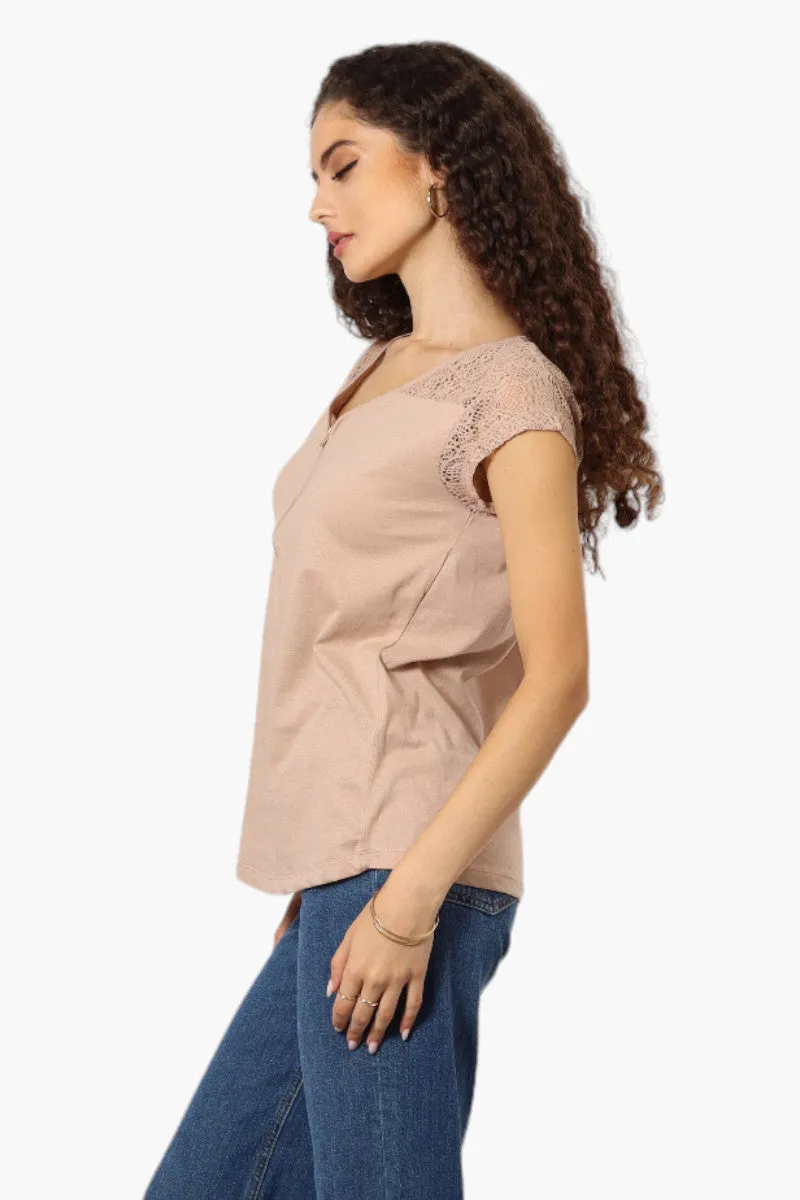 Majora Half Zip Lace Shoulder Tee - Beige sold by Fairweather product image thumbnail 3