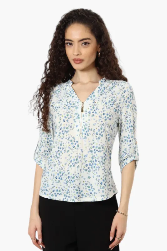 Beechers Brook Floral 1/4 Zip Roll Up Sleeve Shirt - Cream sold by Fairweather