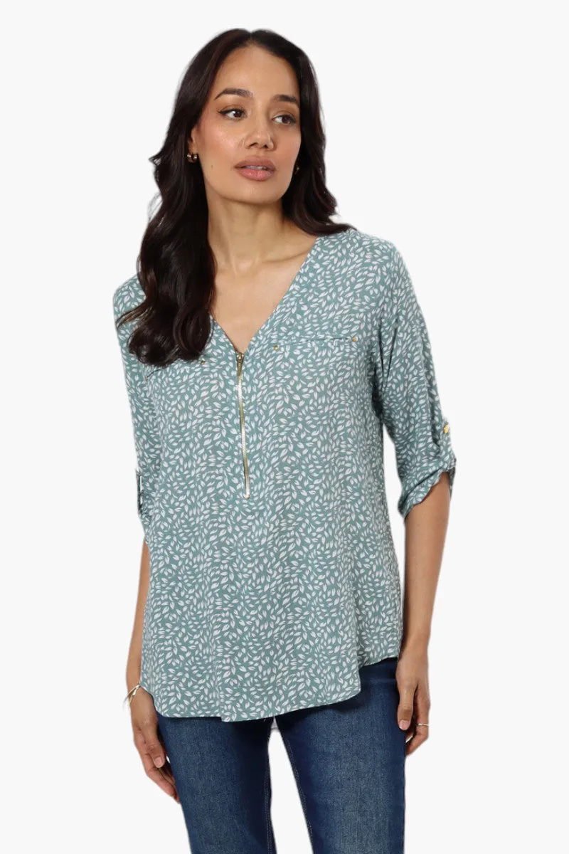International INC Company Floral Roll Up Sleeve Blouse - Teal sold by Fairweather