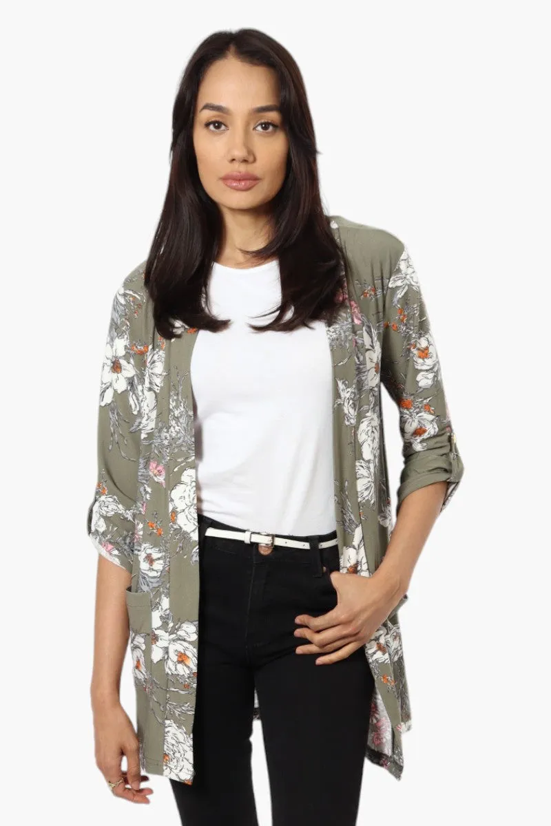 International INC Company Floral Roll Up Sleeve Cardigan - Olive sold by Fairweather