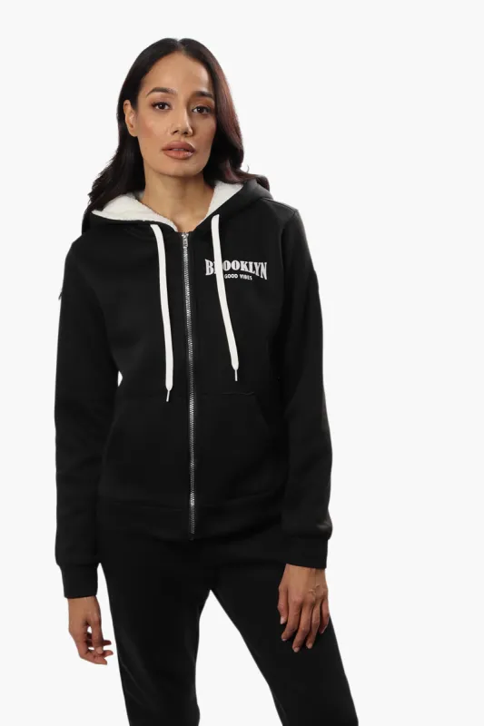 Fahrenheit Brooklyn Print Sherpa Hoodie - Black sold by Fairweather