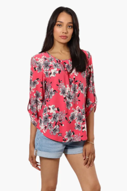 Beechers Brook Floral Roll Up Sleeve Necklace Blouse - Pink sold by Fairweather