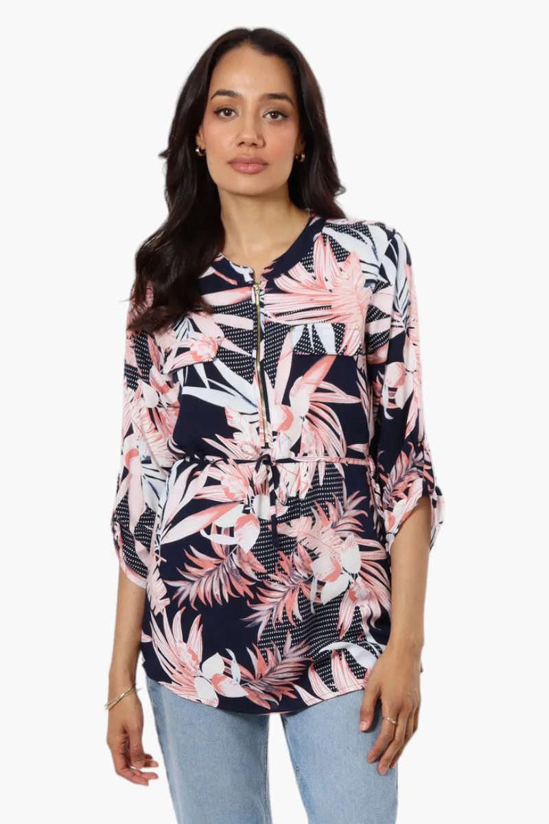 Beechers Brook Floral Belted Roll Up Sleeve Blouse - Navy sold by Fairweather