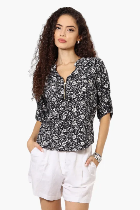 Beechers Brook Floral Half Zip Roll Up Sleeve Shirt - Black sold by Fairweather