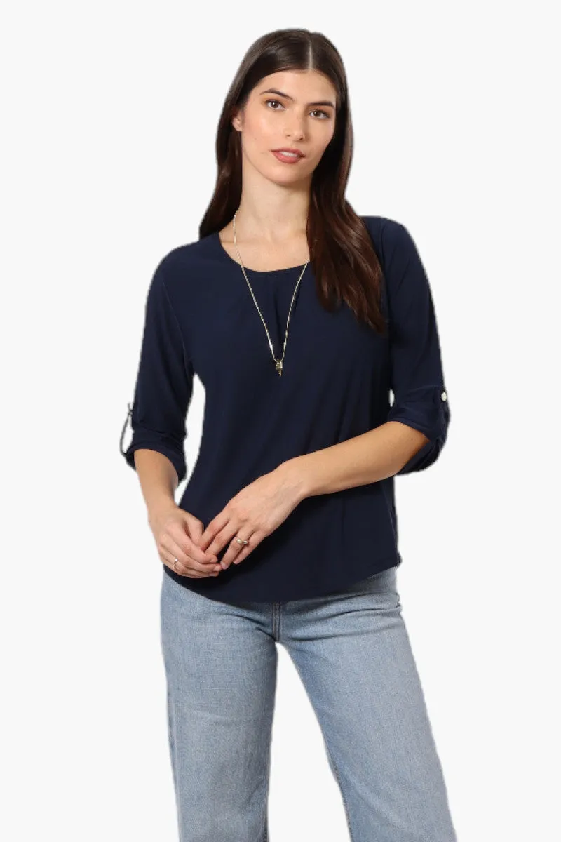 Beechers Brook Solid Roll Up Sleeve Necklace Blouse - Navy sold by Fairweather