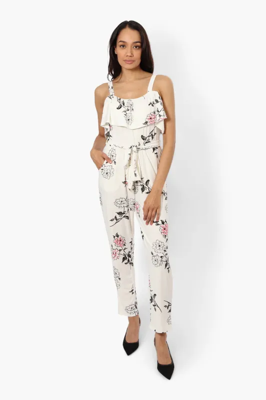 Beechers Brook Floral Belted Ruffled Jumpsuit - White sold by Fairweather