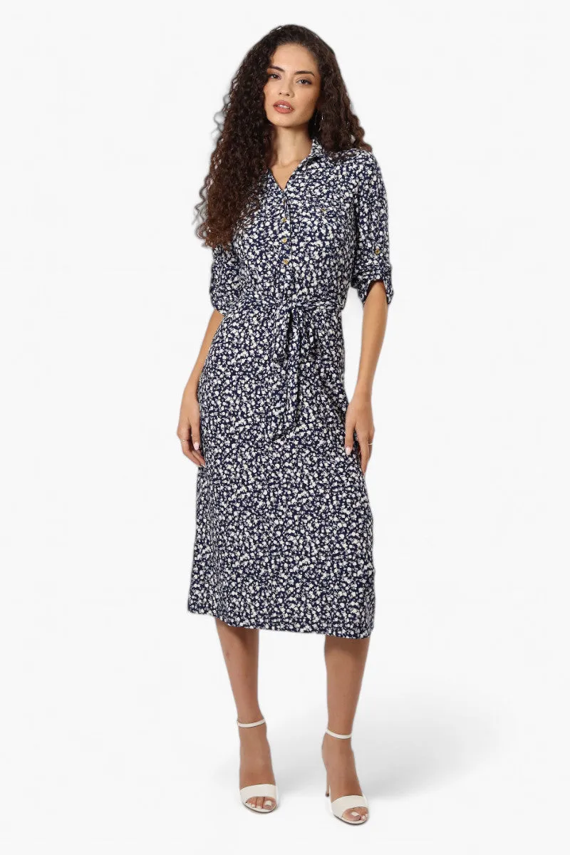 Beechers Brook Belted Floral Roll Up Sleeve Maxi Dress - Navy sold by Fairweather