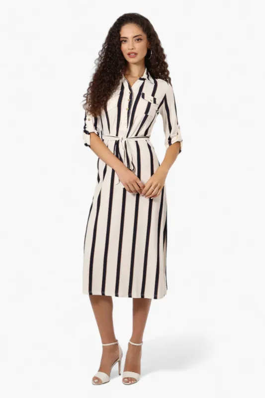 Beechers Brook Belted Striped Roll Up Sleeve Maxi Dress - White sold by Fairweather