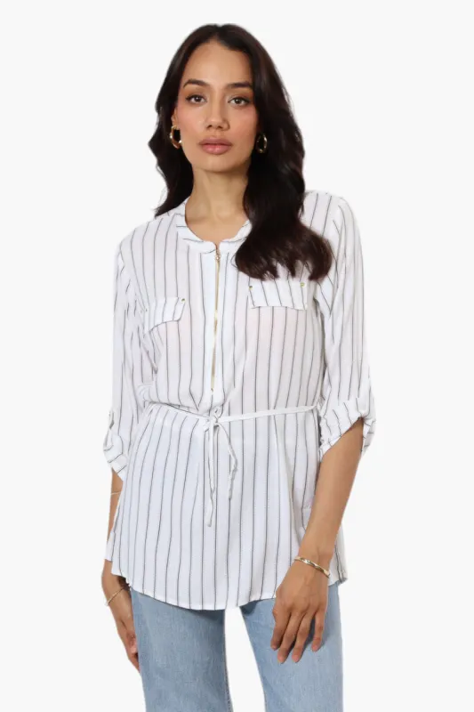 Beechers Brook Striped Belted Roll Up Sleeve Blouse - White sold by Fairweather