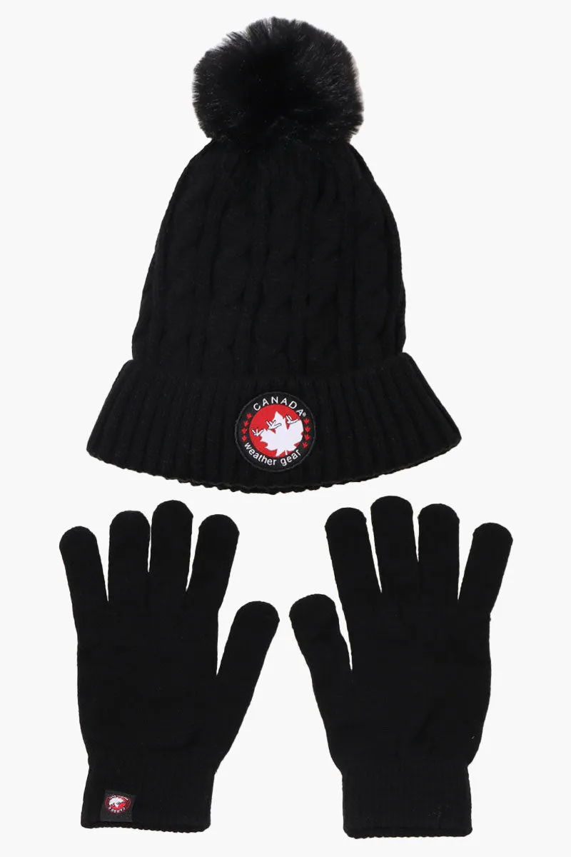 Canada Weather Gear Gloves Pom Pom Hat Set - Black sold by Fairweather