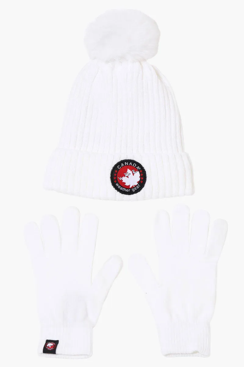 Canada Weather Gear Gloves Pom Pom Hat Set - White sold by Fairweather