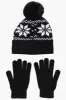 Canada Weather Gear Gloves Festive Pom Pom Hat Set - Black sold by Fairweather