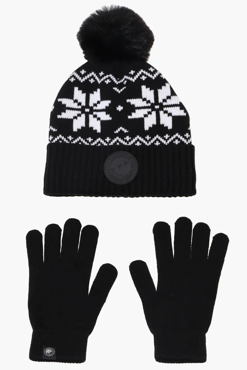 Canada Weather Gear Gloves Festive Pom Pom Hat Set - Black sold by Fairweather