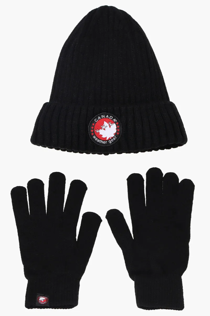 Canada Weather Gear Gloves Cuffed Beanie Hat Set - Black sold by Fairweather