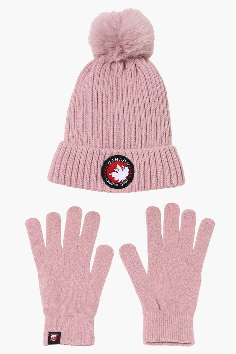Canada Weather Gear Gloves Pom Pom Hat Set - Pink sold by Fairweather