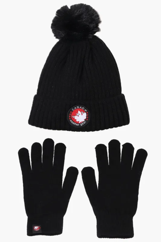 Canada Weather Gear Gloves Pom Pom Hat Set - Black sold by Fairweather