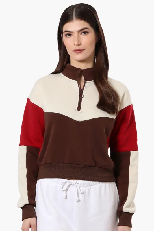 New Look Colour Block 1/4 Zip Sweatshirt - Brown sold by Fairweather