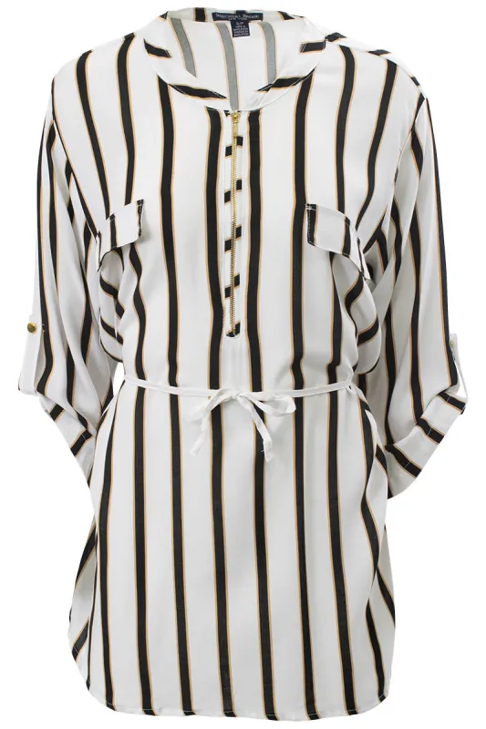 Striped Zip Front Flap Pocket Tunic Shirt - White sold by Fairweather