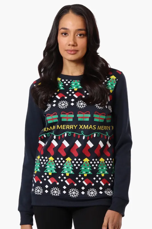 Ugly Christmas Sweater Xmas Print Christmas Sweater - Navy sold by Fairweather