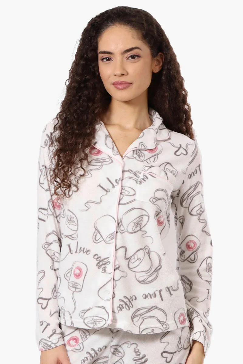 Canada Weather Gear Coffee Pattern Button Down Pajama Top - White sold by Fairweather