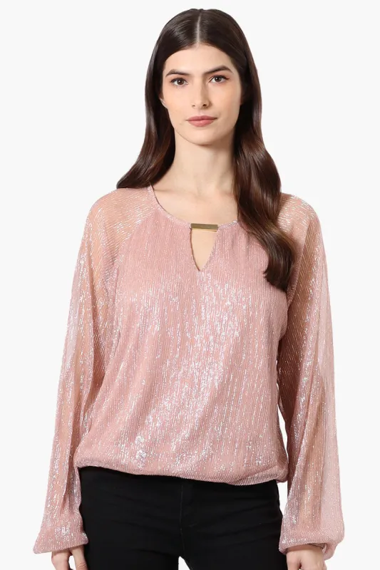 Limite Sheer Sleeve Lurex Keyhole Blouse - Pink sold by Fairweather