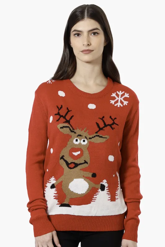 Ugly Christmas Sweater Reindeer Knit Christmas Sweater - Red sold by Fairweather