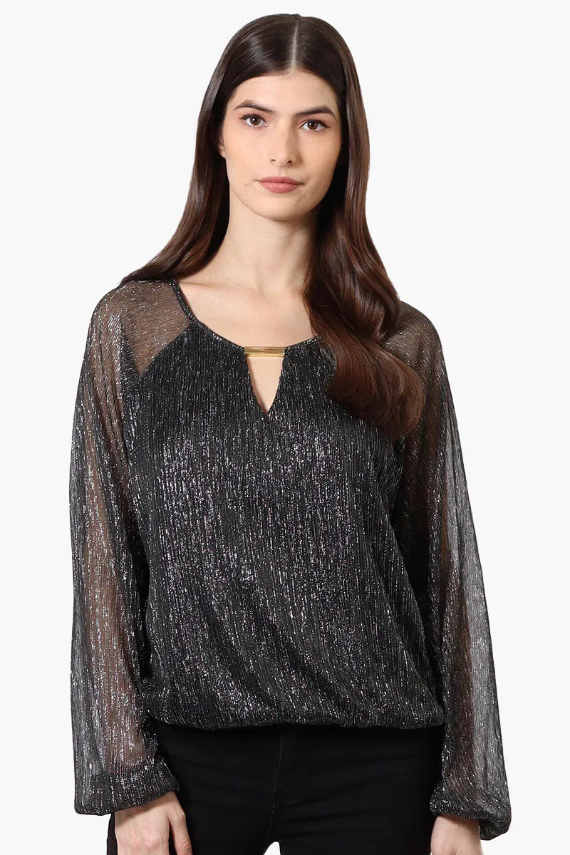 Limite Sheer Sleeve Lurex Keyhole Blouse - Black sold by Fairweather