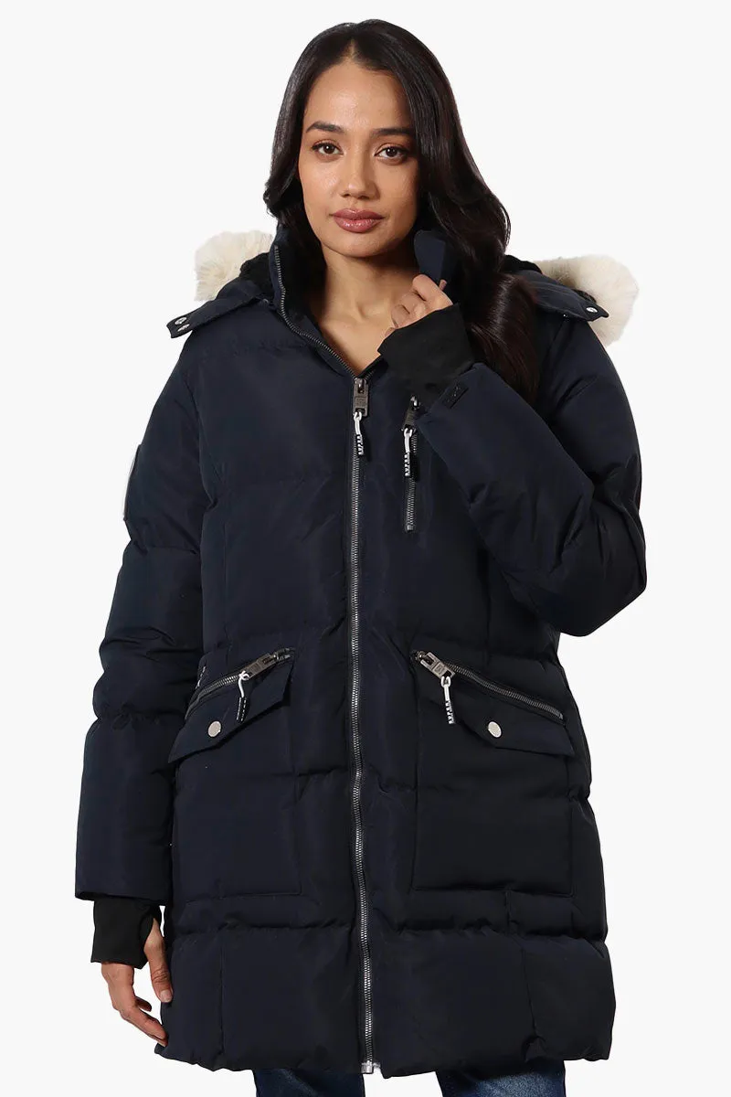 Super Triple Goose Faux Fur Thumb Hole Parka Jacket - Navy sold by Fairweather