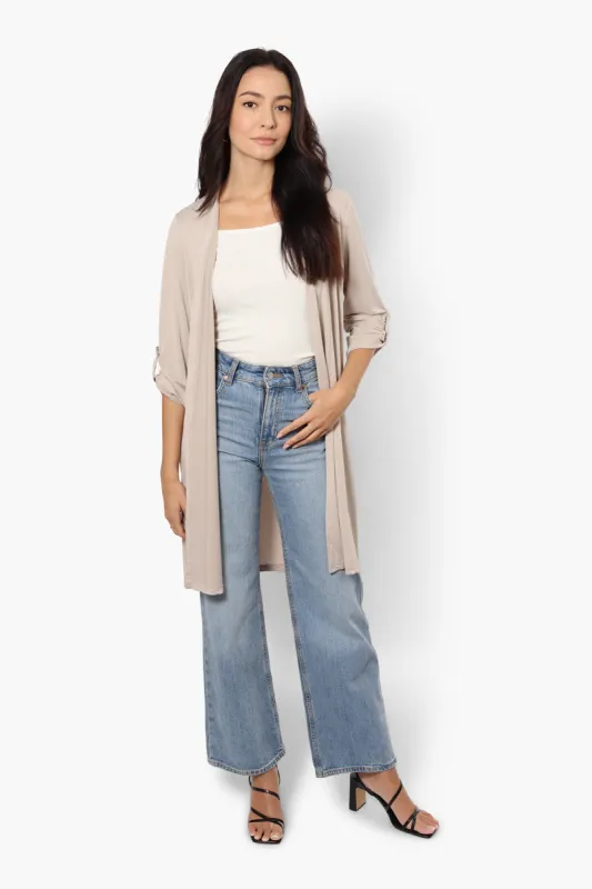 International INC Company Open Front Roll Up Sleeve Cardigan - Beige sold by Fairweather